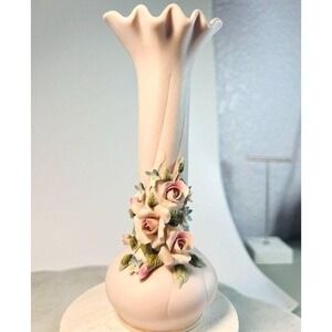 Vtg Lefton China Pink Bud‎ Vase Handcrafted Floral Accents Ruffled Rim 6.5